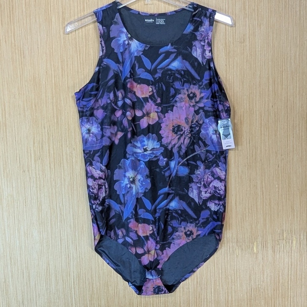 Wander by Hottotties Drift Collection Floral Bodysuit Size L Purple Blue NWT